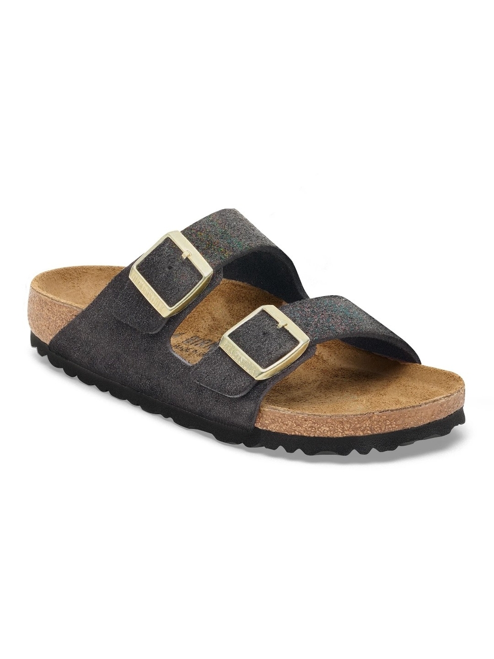 Birkenstock Black Suede Shimmering Two-Strap Arizona Sandals with Gold Buckles